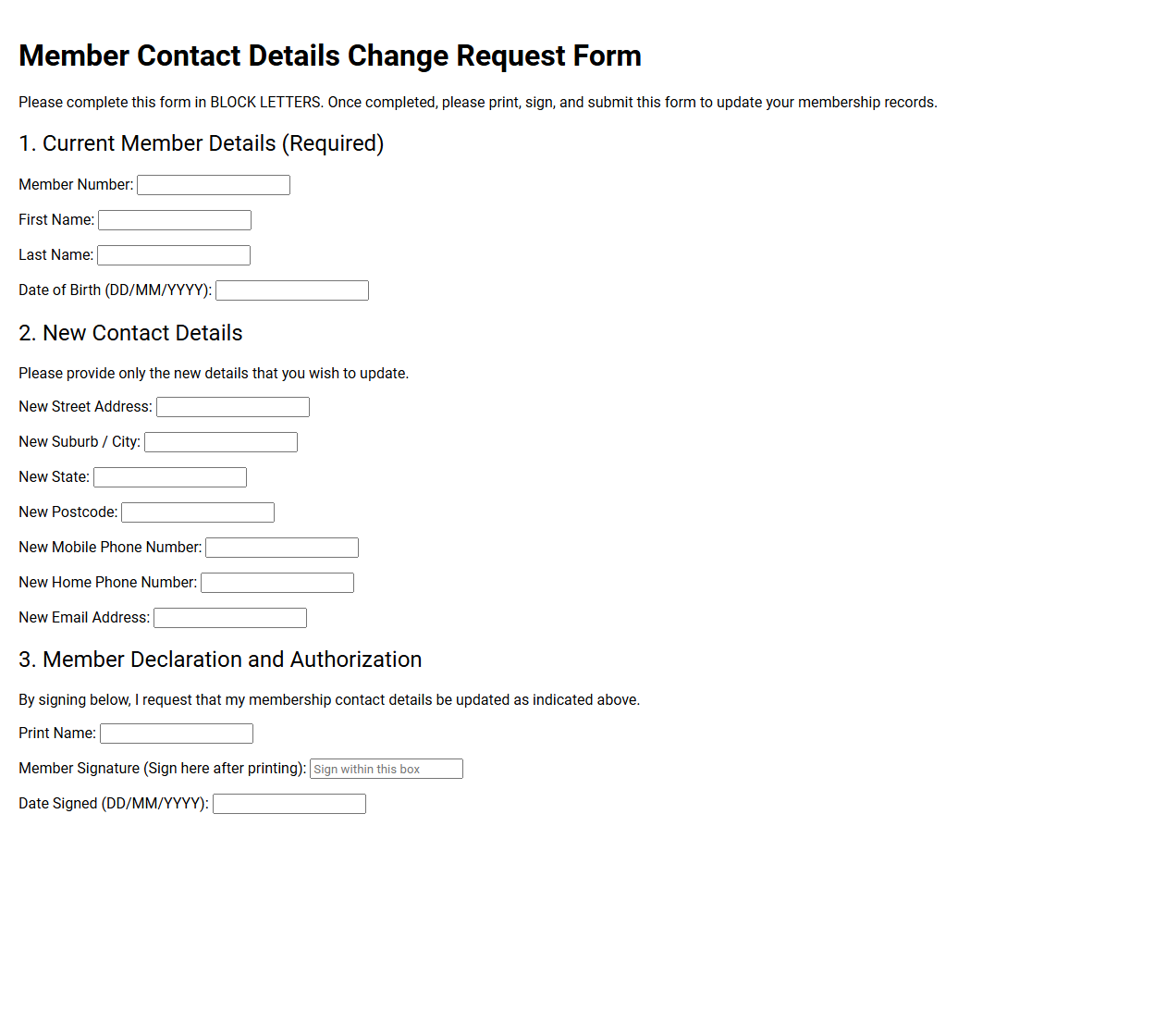 Member Contact Details Change Request Form