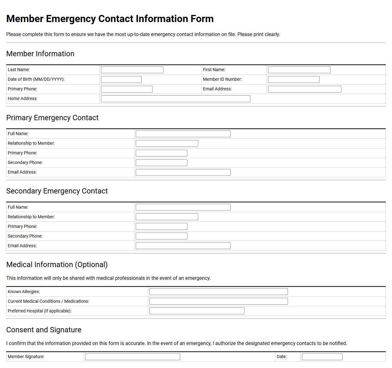Member Emergency Contact Information Form
