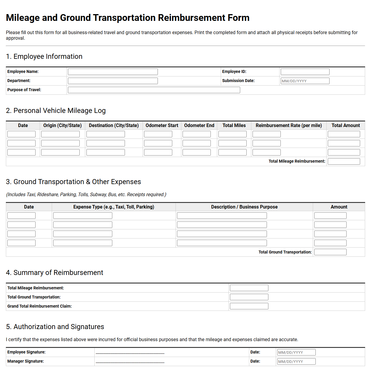 Mileage and Ground Transportation Reimbursement Form