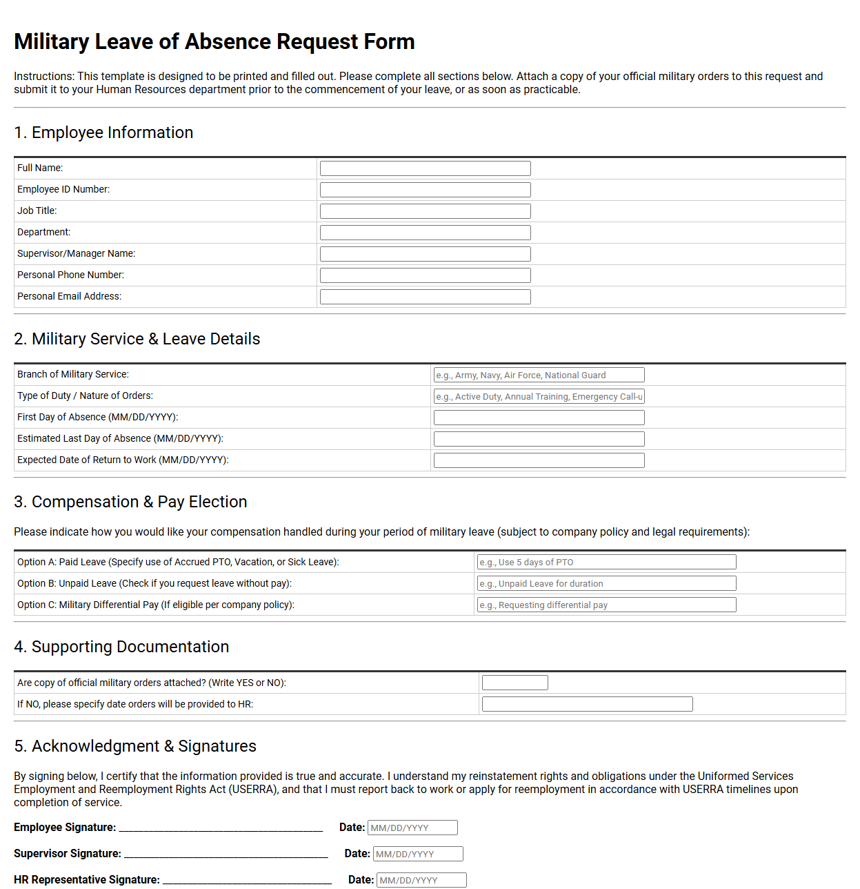 Military Leave of Absence Request Form Template
