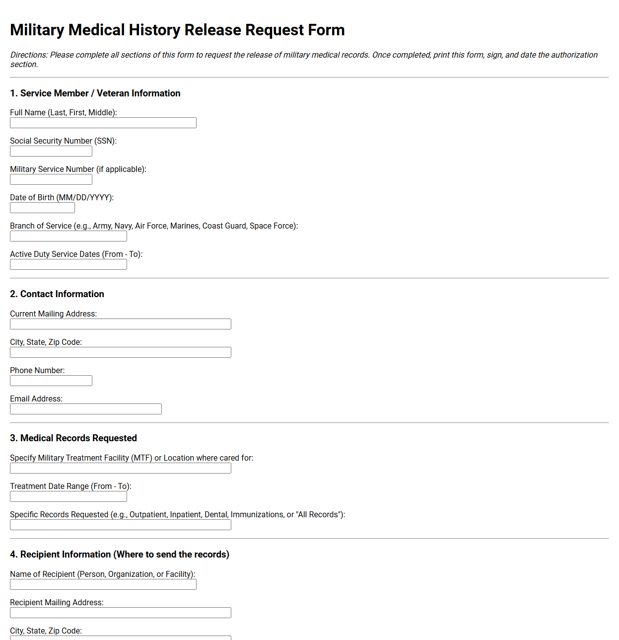 Military Medical History Release Request Form