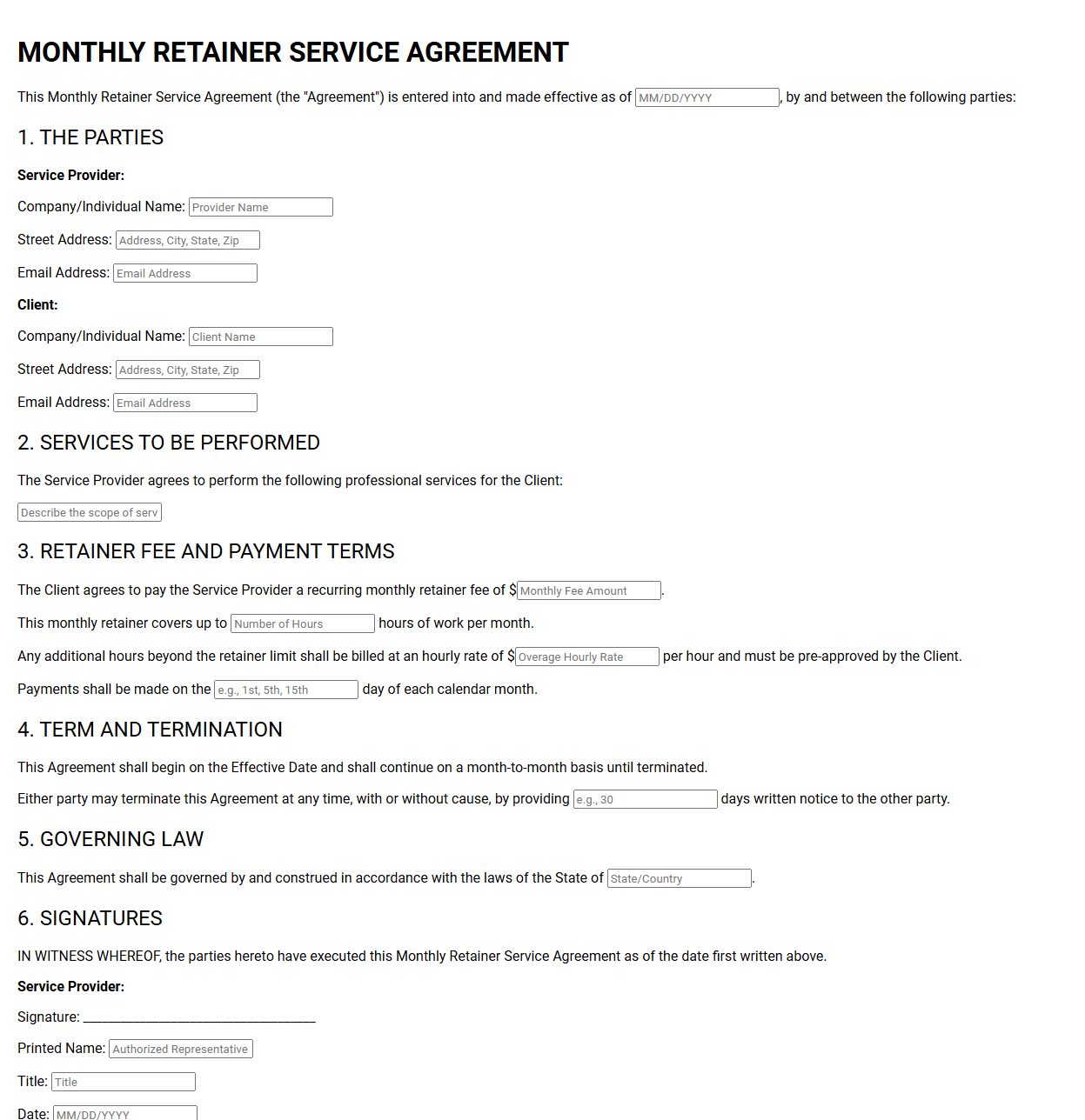 Monthly Retainer Service Agreement Template