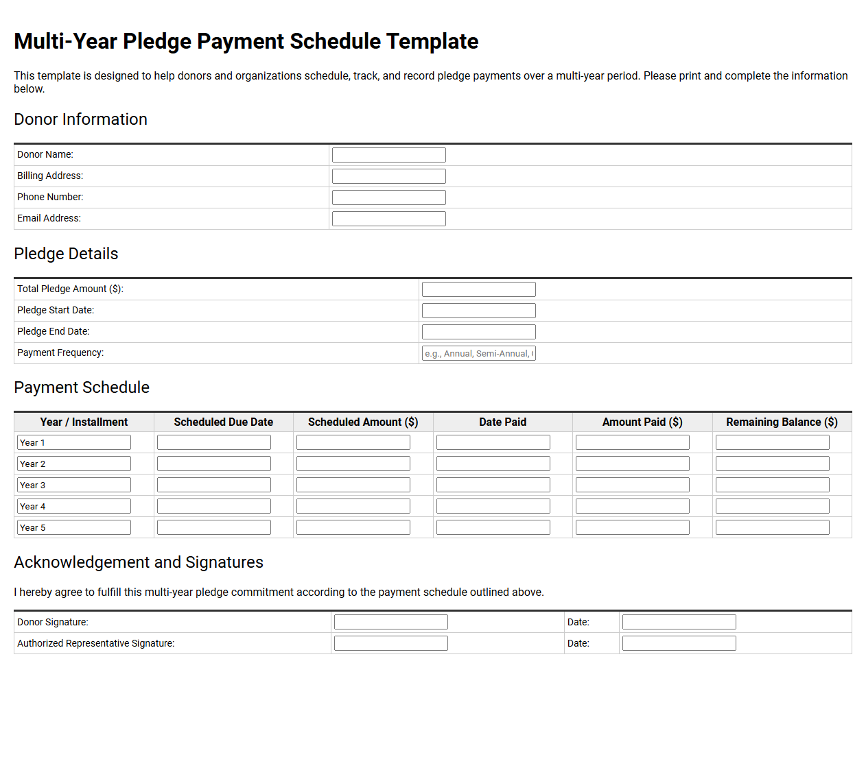 Multi Year Pledge Payment Schedule Template