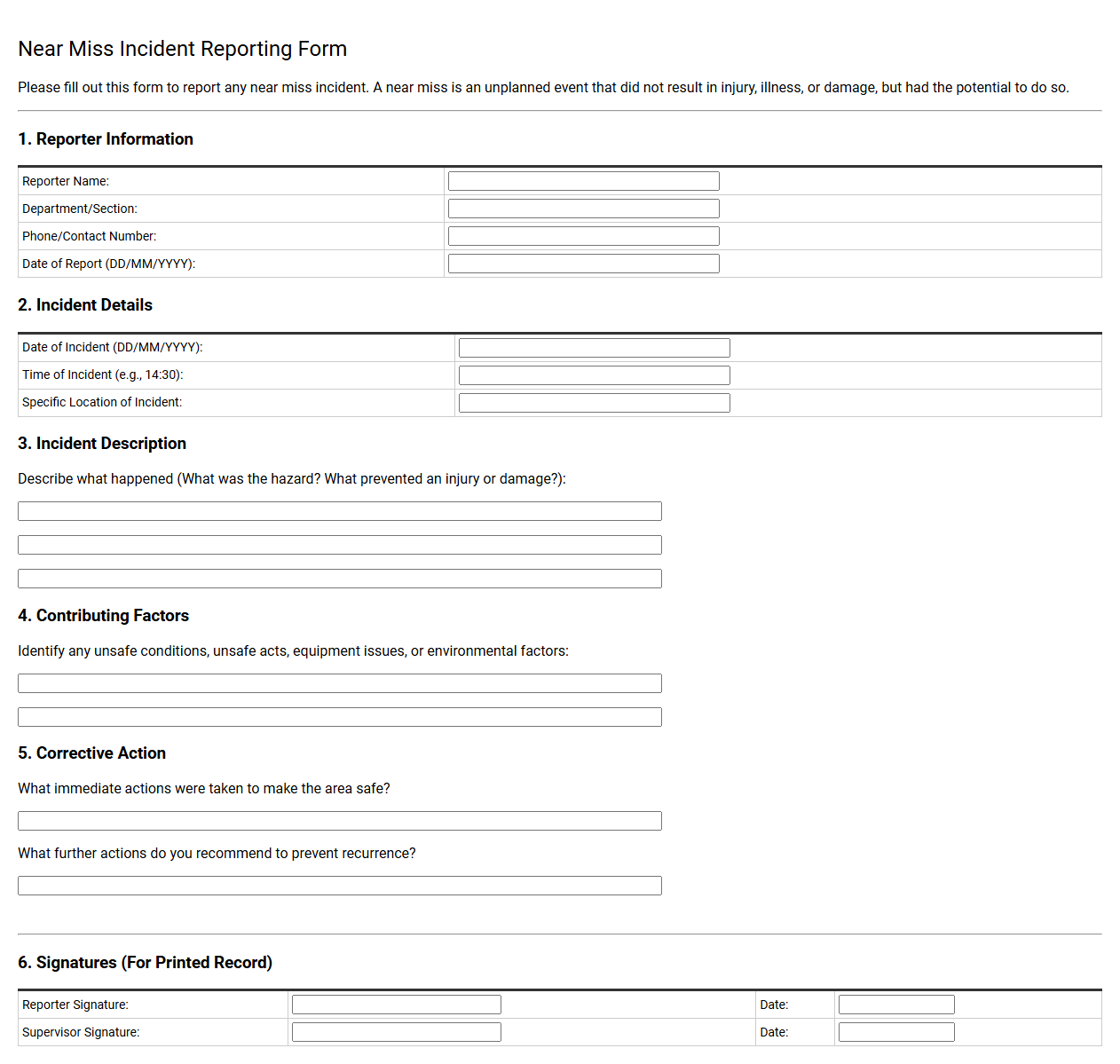 Near Miss Incident Reporting Form