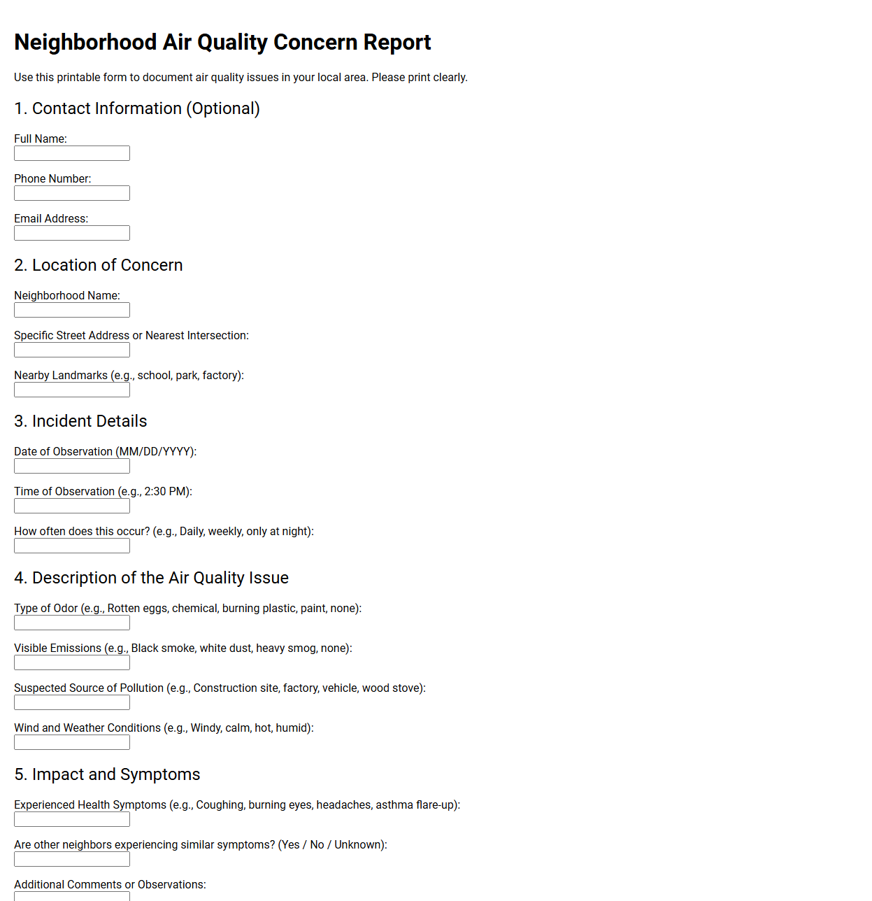 Neighborhood air quality concern printable form