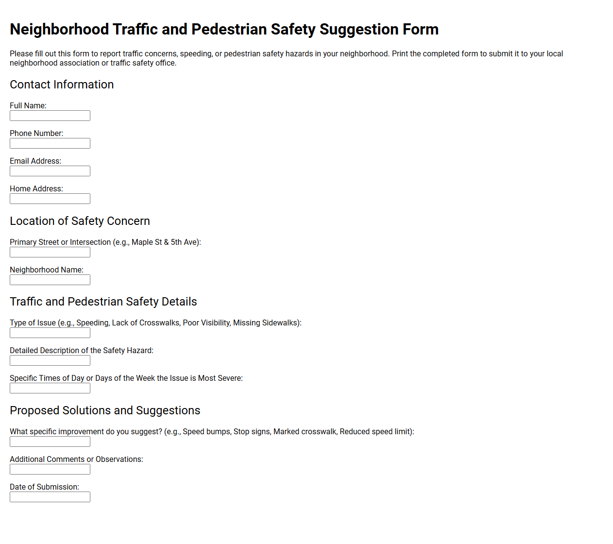 Neighborhood Traffic and Pedestrian Safety Suggestion Form