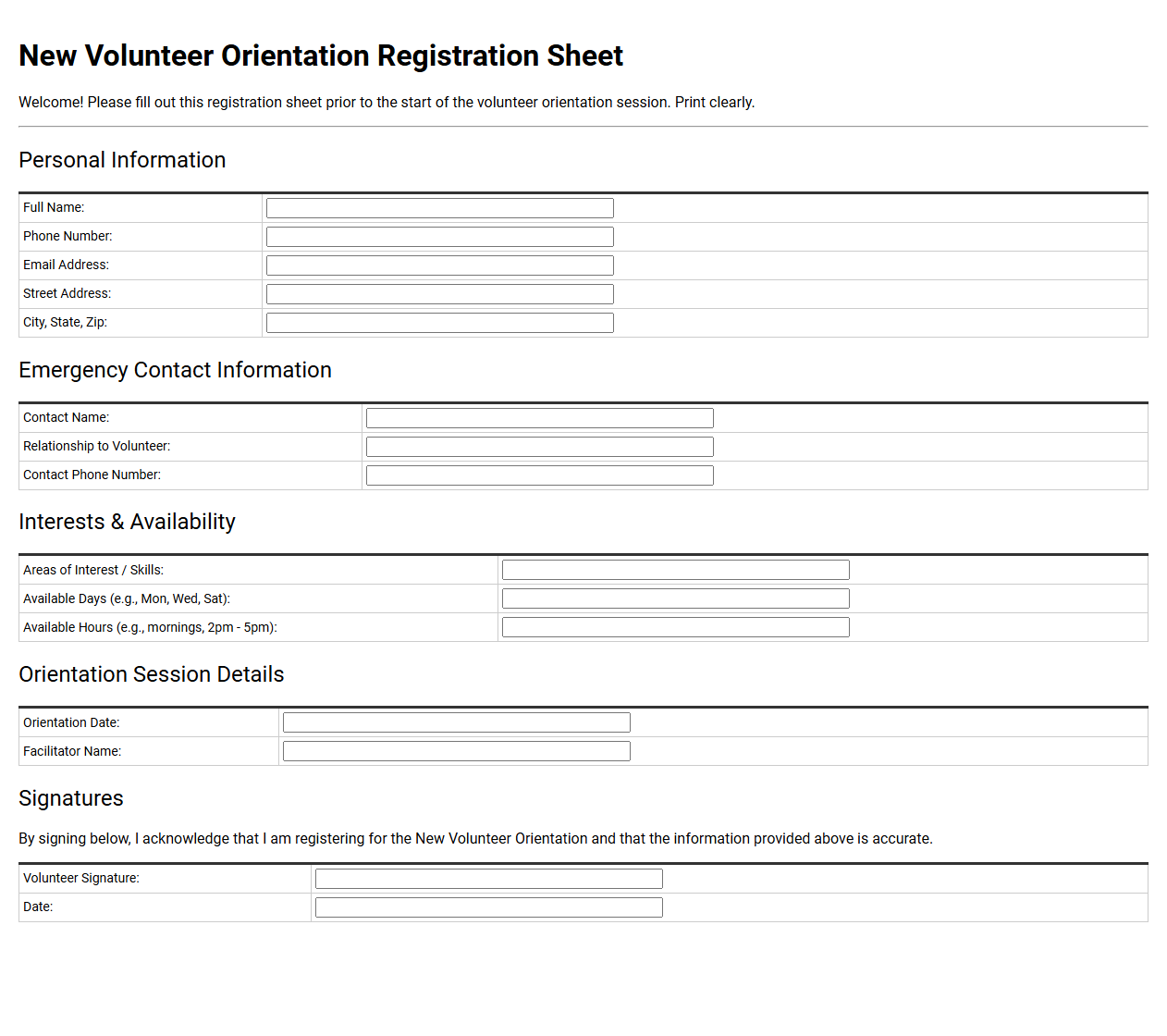 New Volunteer Orientation Registration Sheet