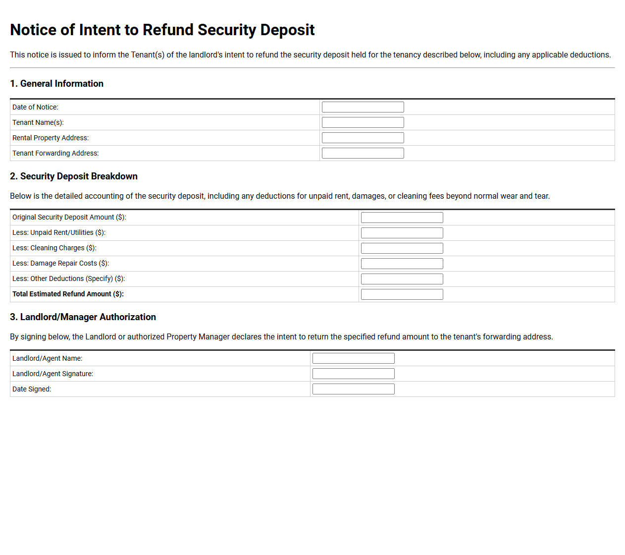 Notice of Intent to Refund Security Deposit