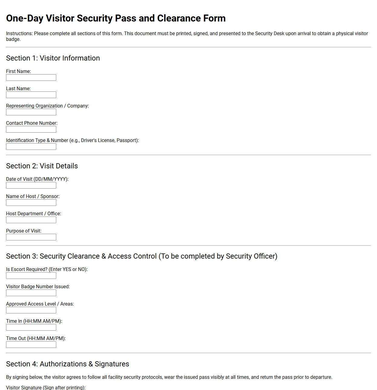 One-Day Visitor Security Pass and Clearance Form