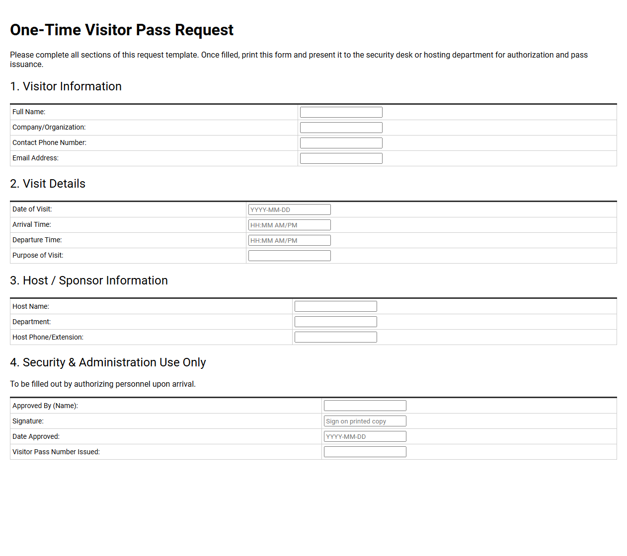 One Time Visitor Pass Request Template