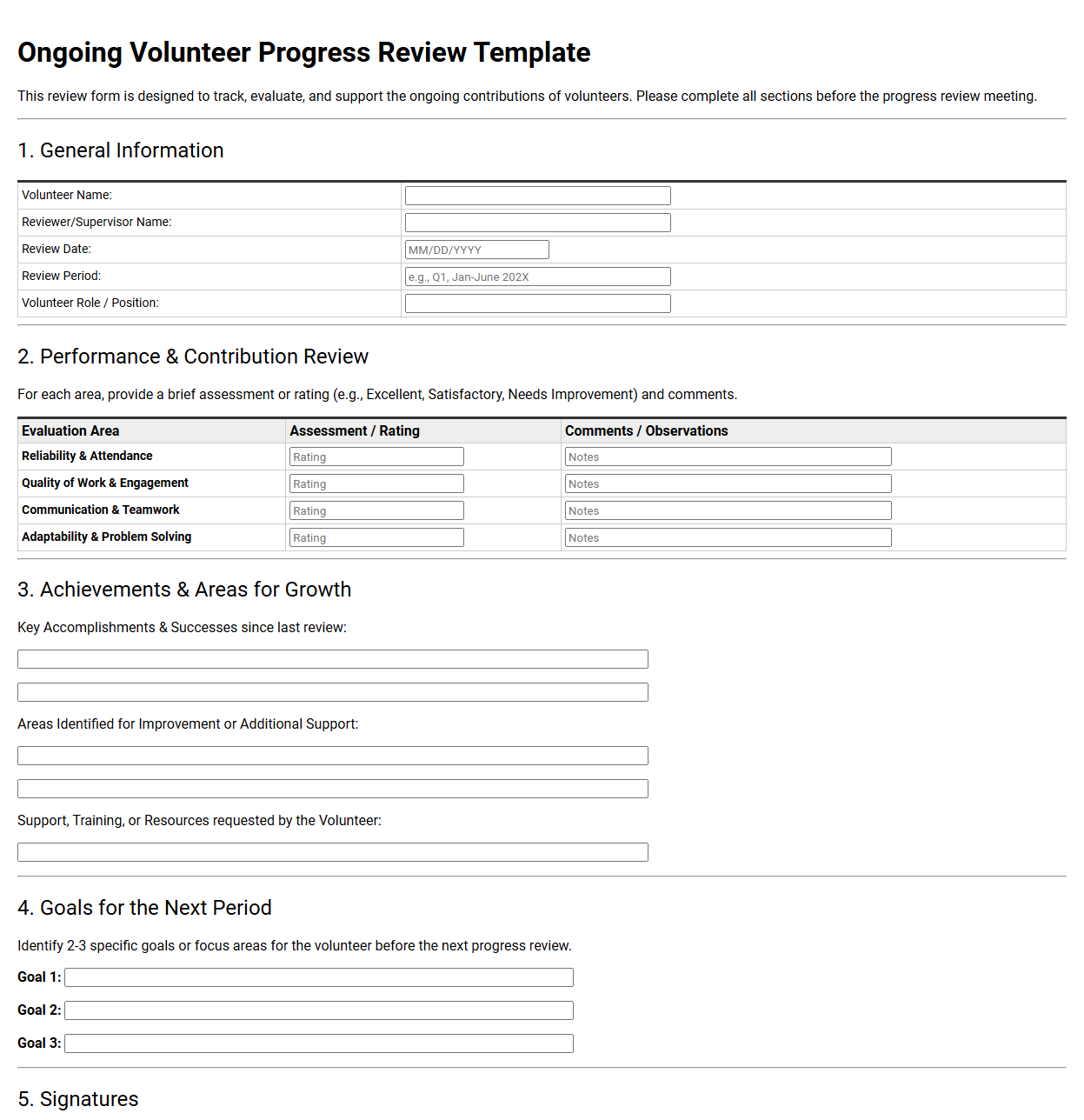 Ongoing Volunteer Progress Review Template