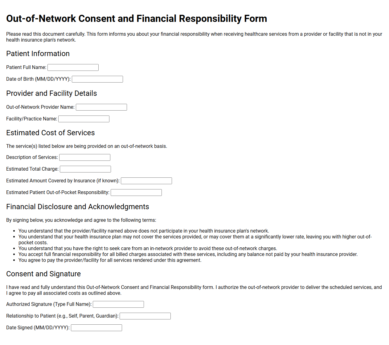 Out of Network Consent and Financial Responsibility