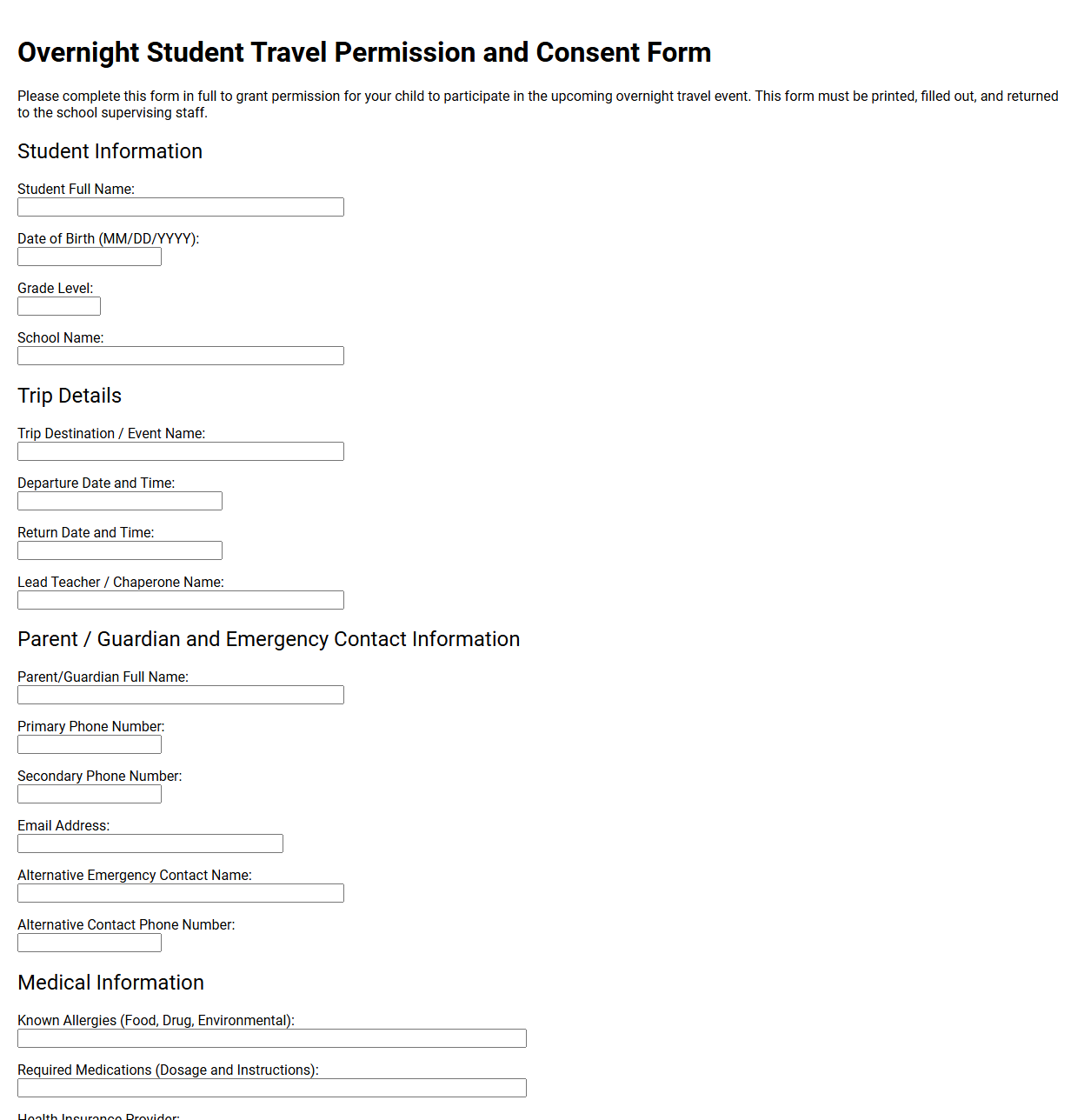 Overnight Student Travel Permission and Consent Form