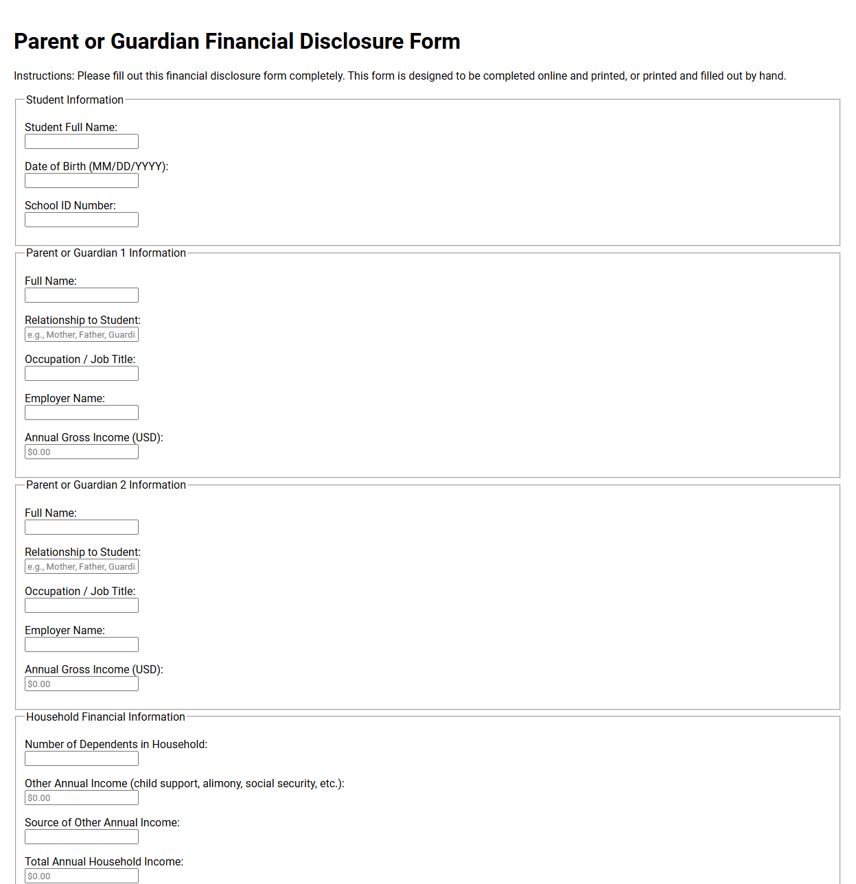 Parent or Guardian Financial Disclosure Form