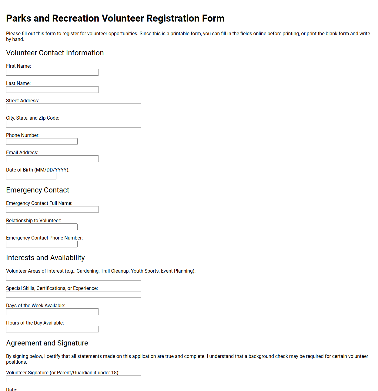 Parks and Recreation Volunteer Registration Form