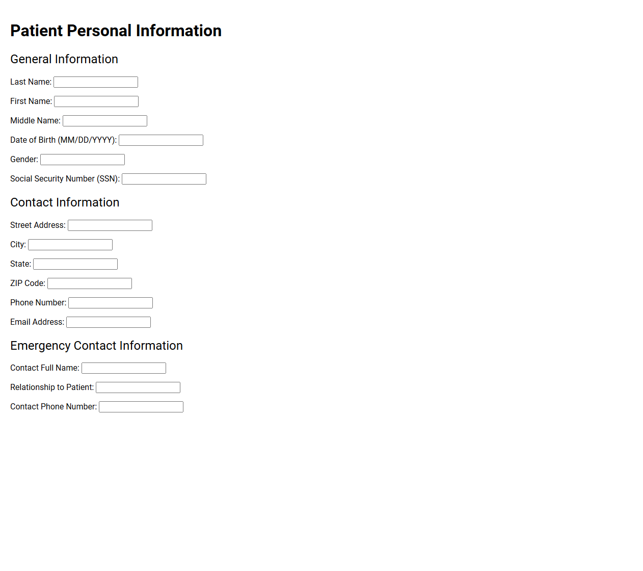 Patient Personal Information Section