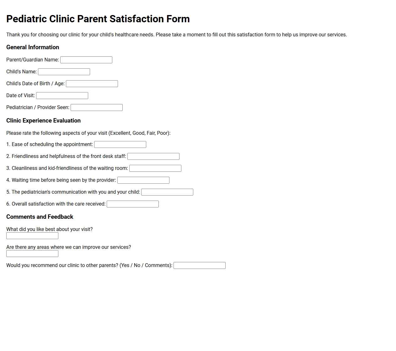 Pediatric Clinic Parent Satisfaction Form
