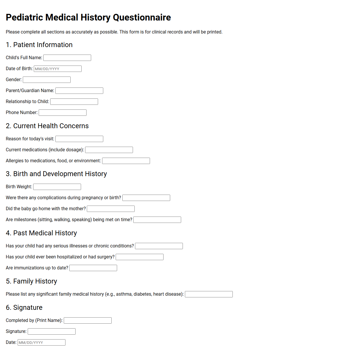 Pediatric Medical History Questionnaire