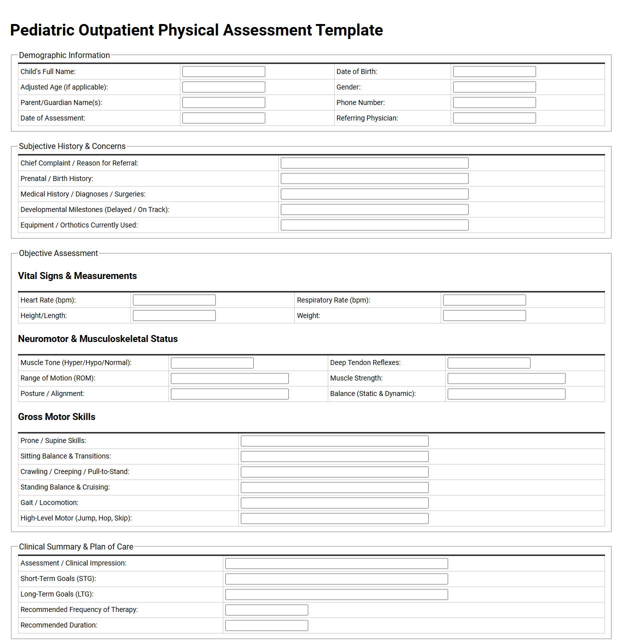 Pediatric Outpatient Physical Assessment Template