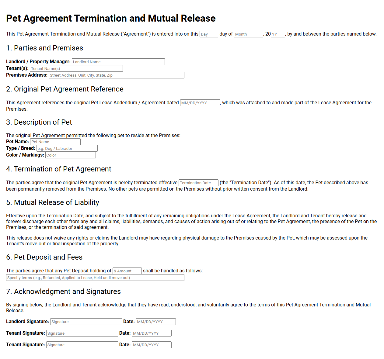Pet Agreement Termination Mutual Release