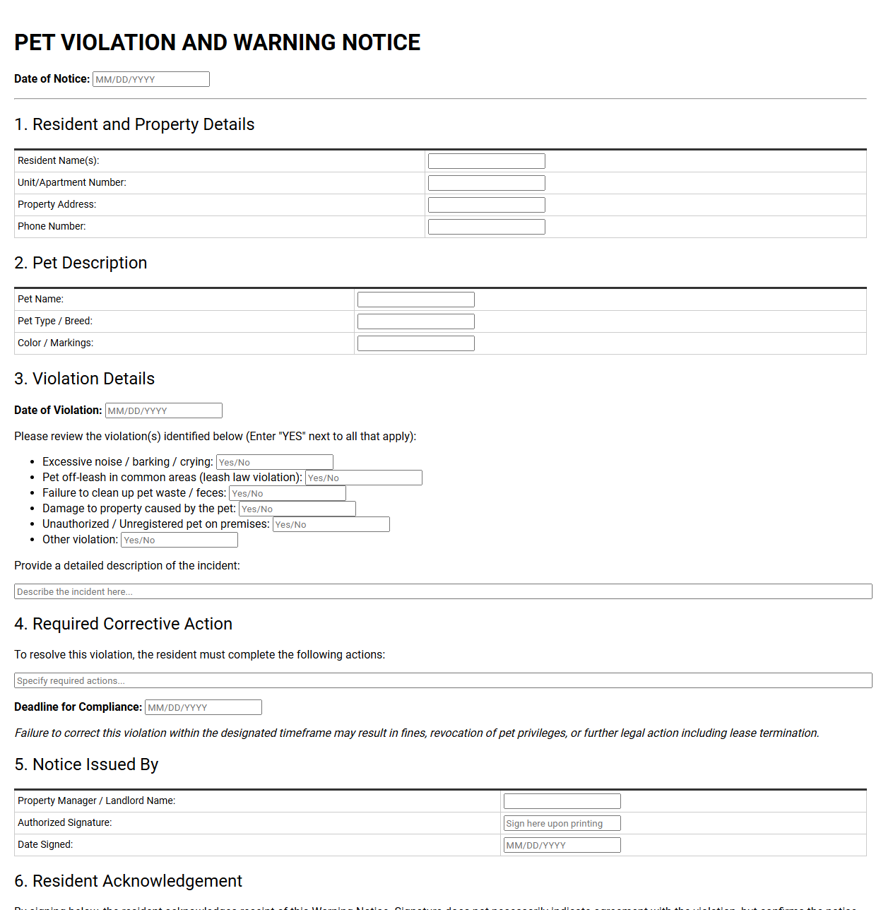 Pet Violation and Warning Notice Template