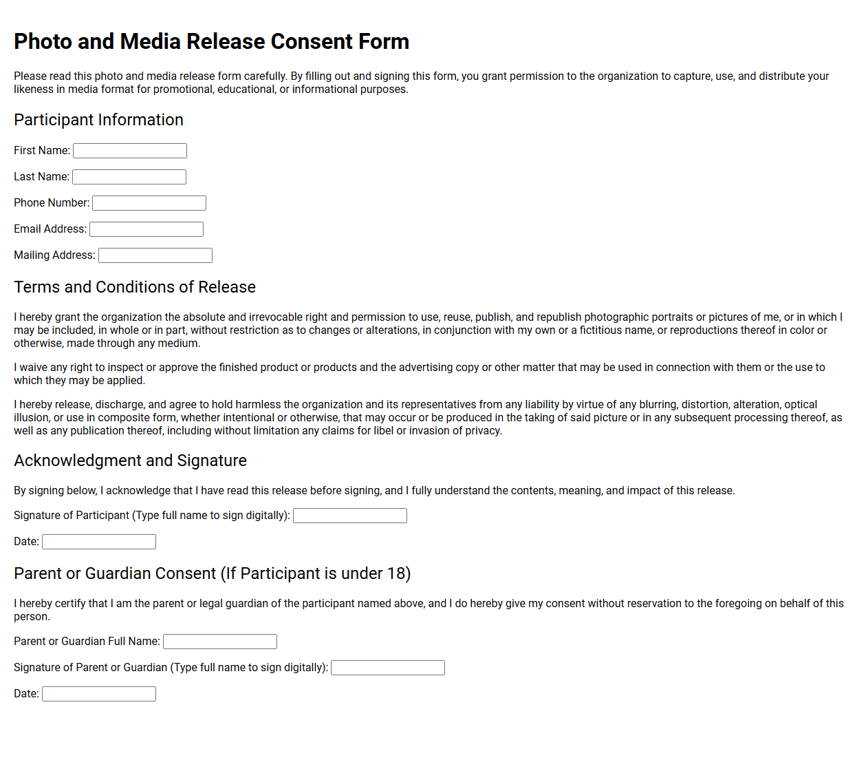 Photo and Media Release Consent Form