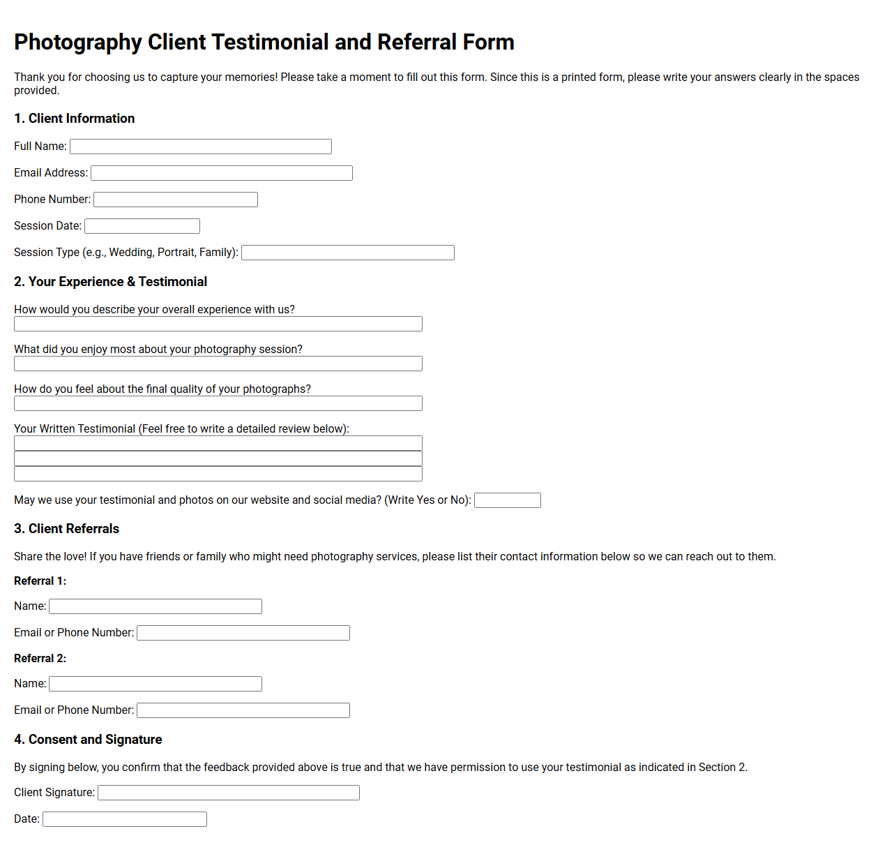 Photography Client Testimonial and Referral Form