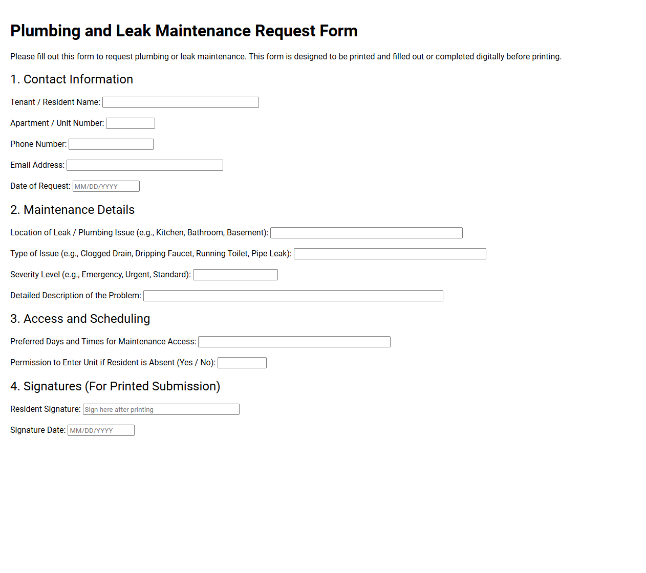 Plumbing and Leak Maintenance Request Form
