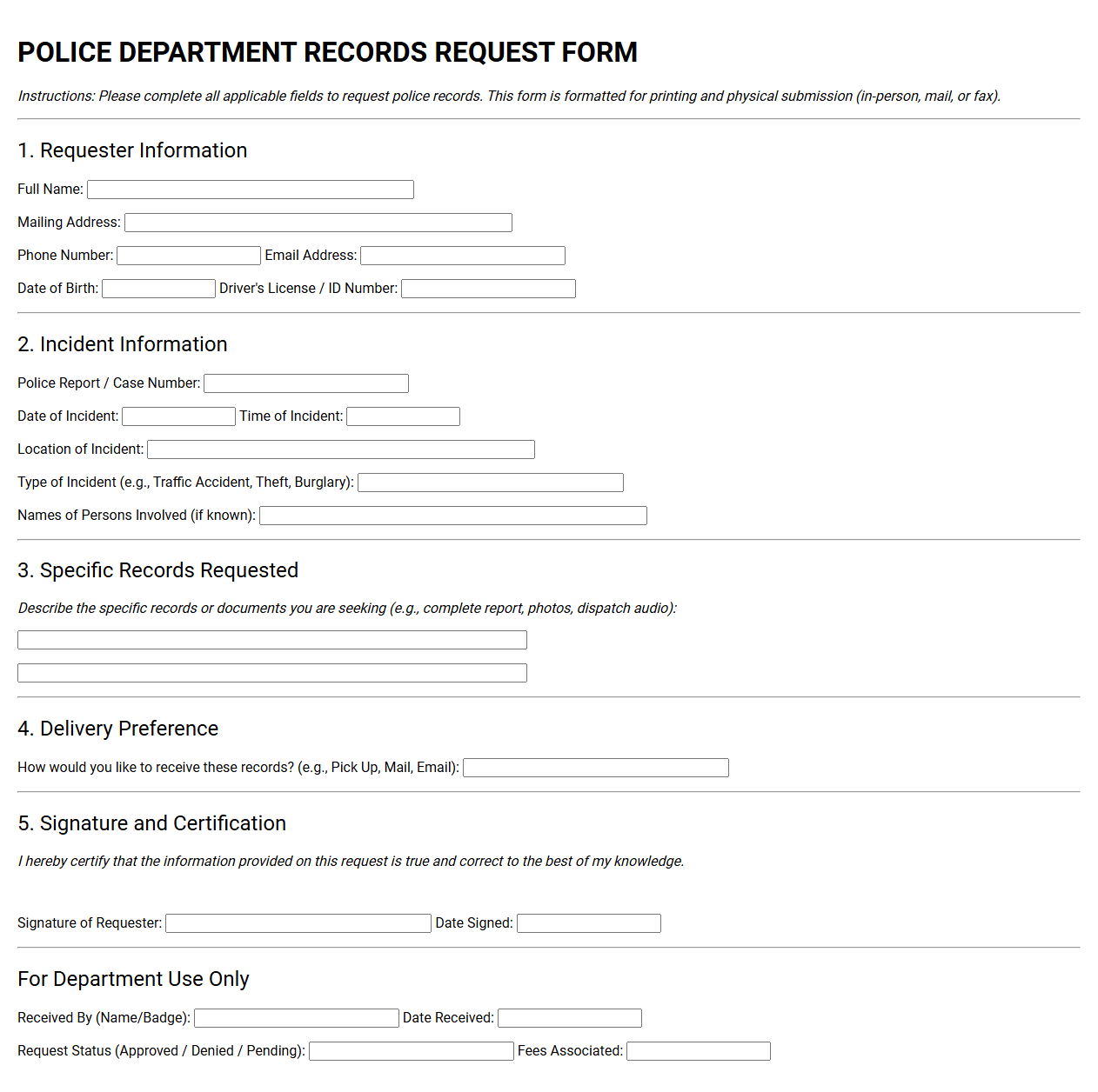 Police Department Records Request Form Template
