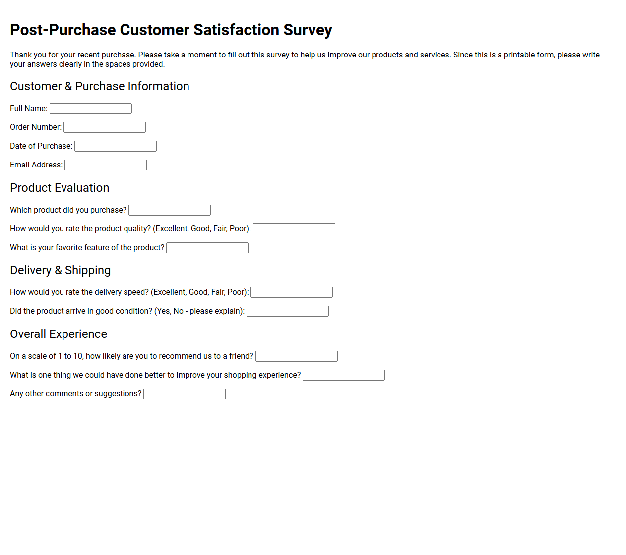 Post-Purchase Customer Satisfaction Survey