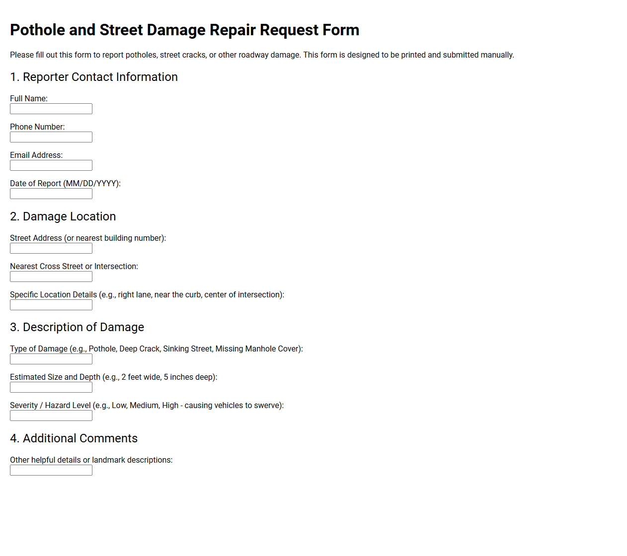 Pothole and Street Damage Repair Request Form