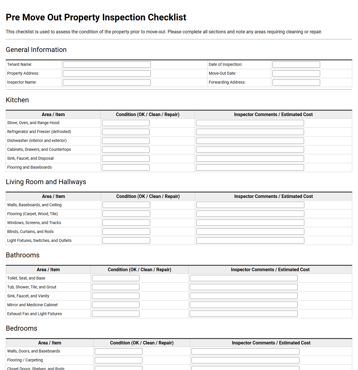 Pre Move Out Property Inspection Checklist