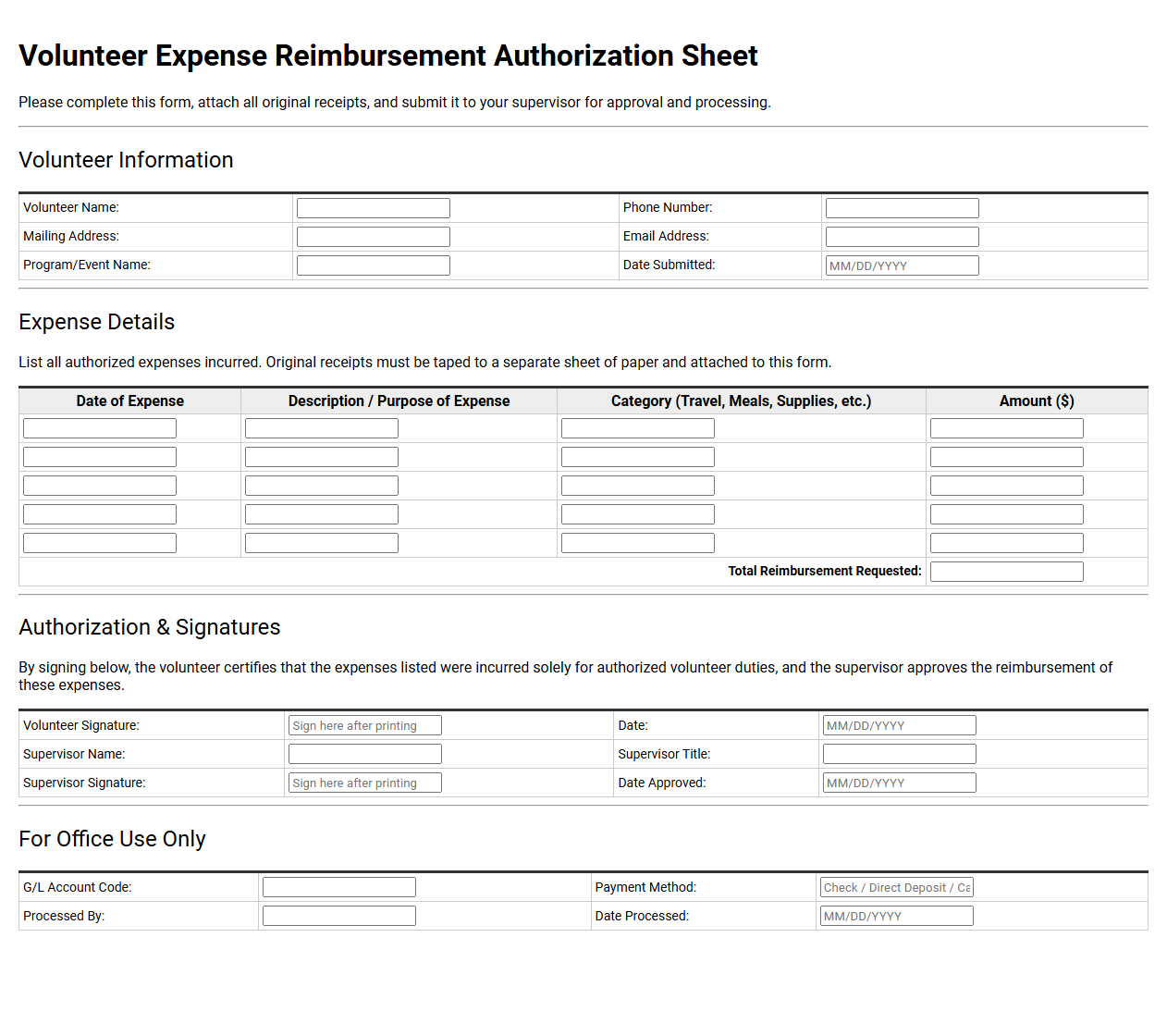 Printable Volunteer Expense Reimbursement Authorization Sheet