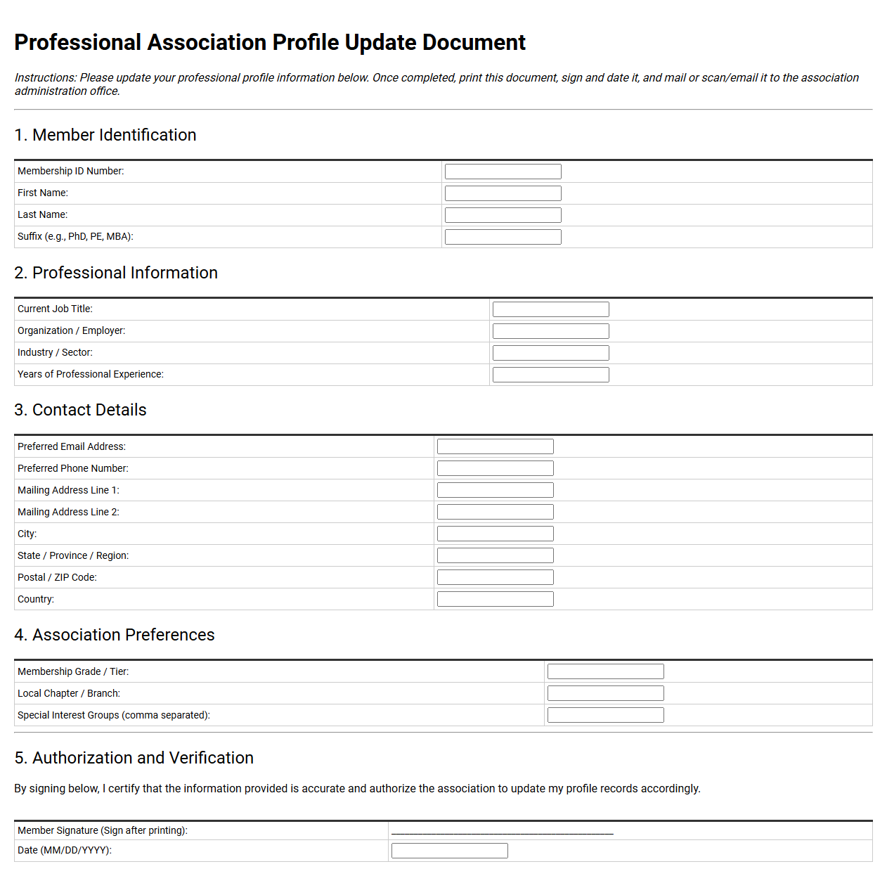 Professional Association Profile Update Document