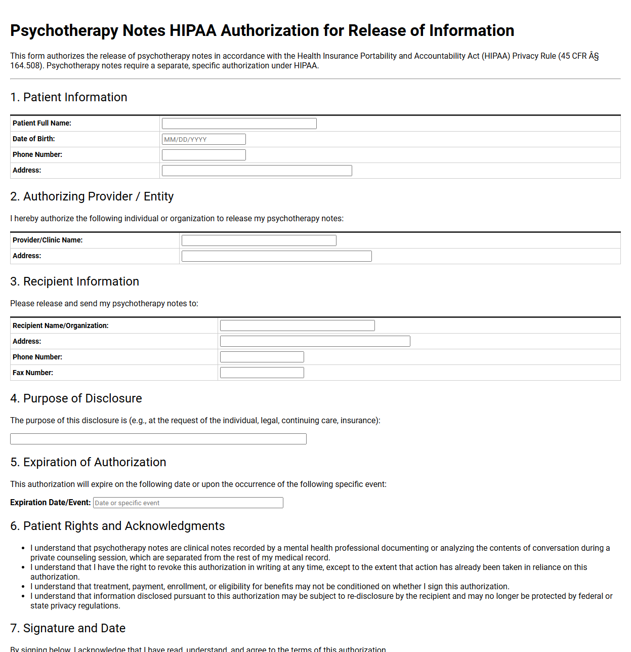 Psychotherapy Notes HIPAA Release Form
