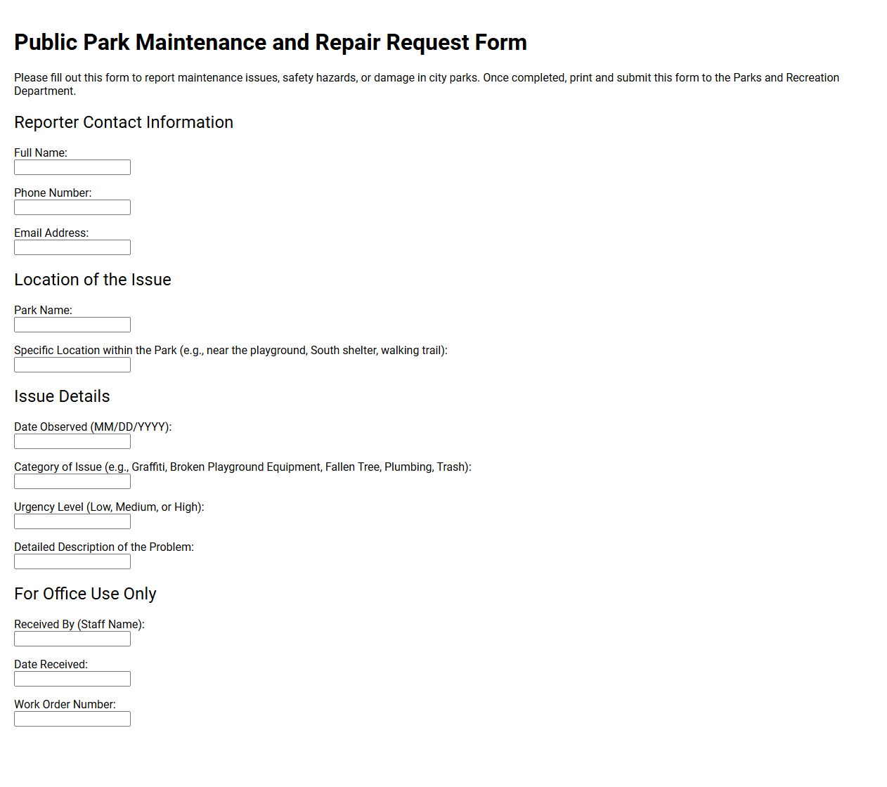 Public Park Maintenance and Repair Request Form