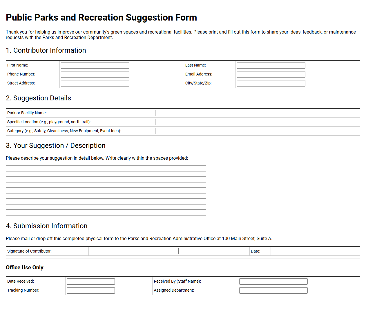 Public Parks and Recreation Suggestion Form