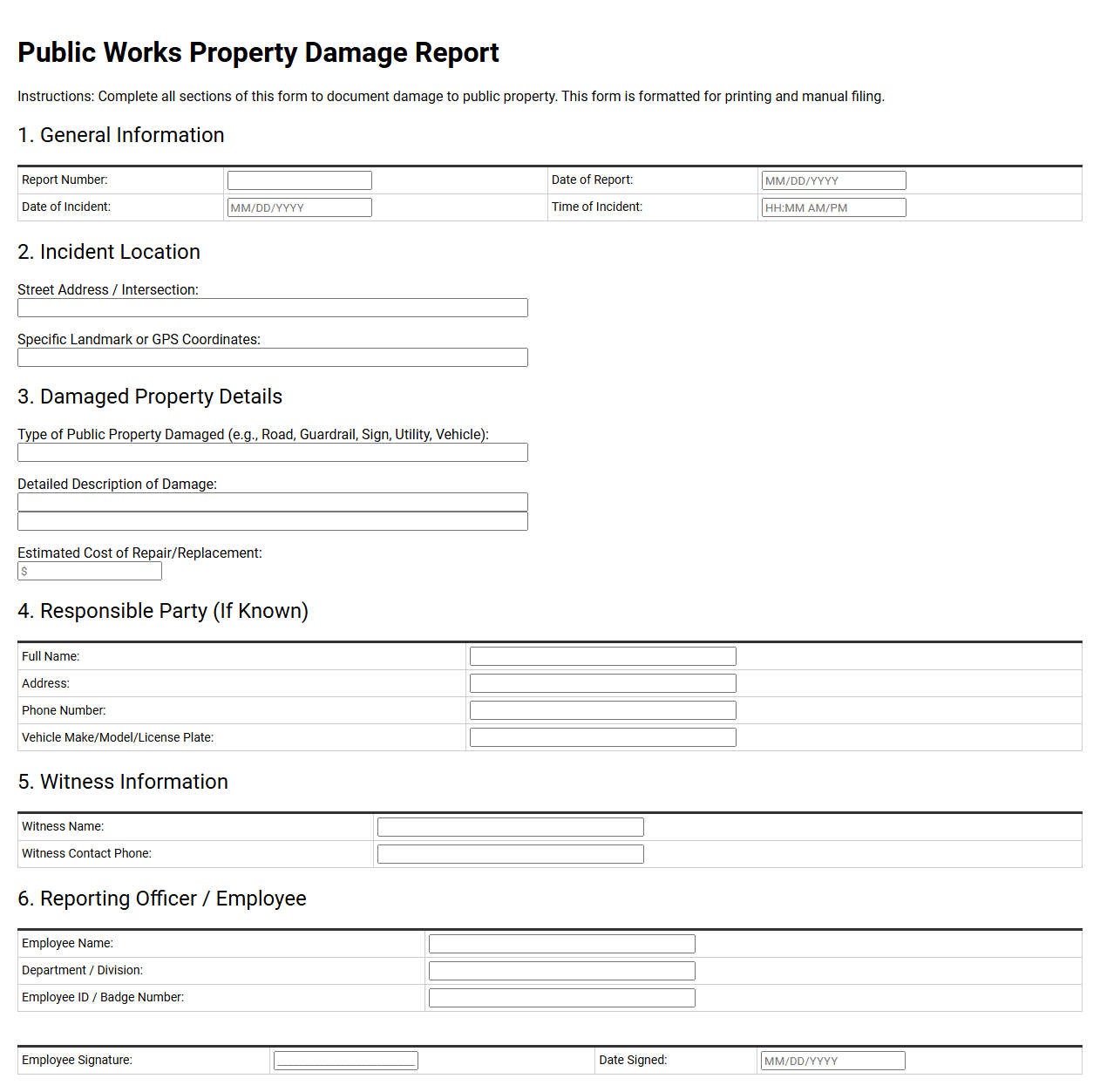 Public Works Property Damage Report Template
