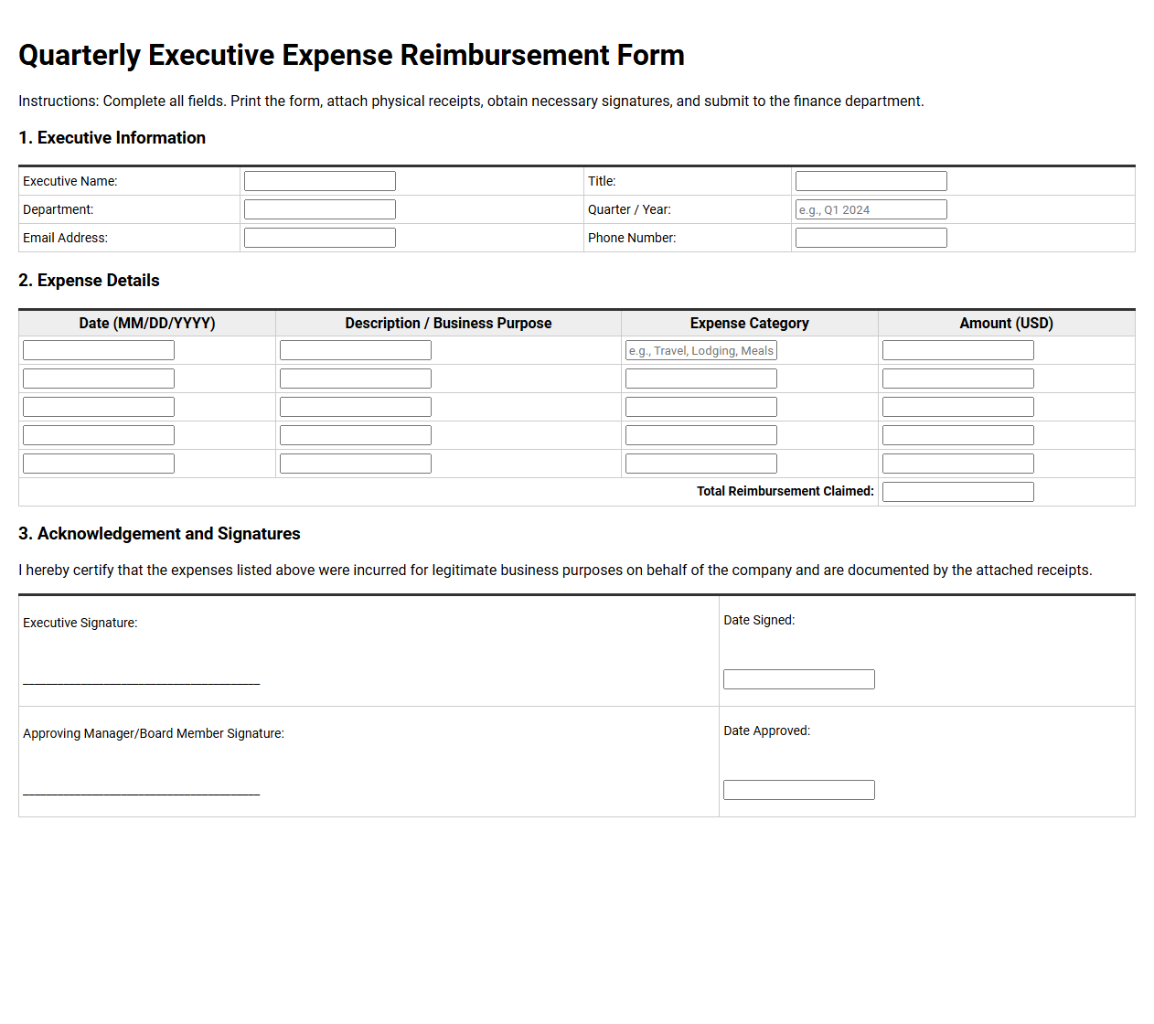 Quarterly Executive Expense Reimbursement Form