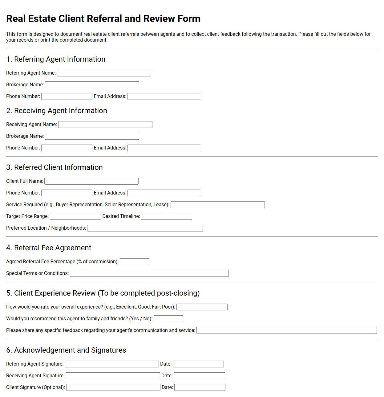 Real Estate Client Referral and Review Form