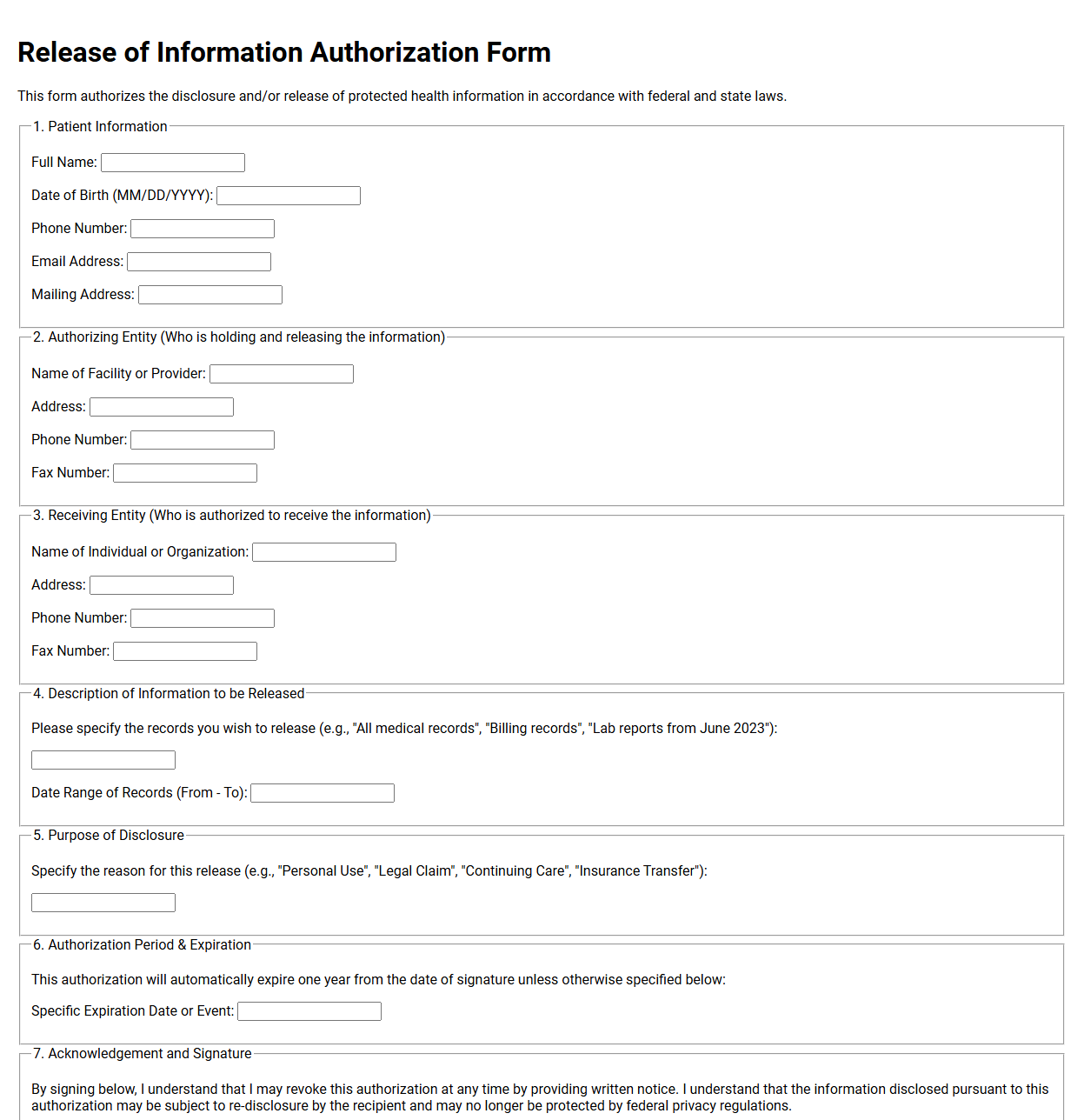 Release of Information Authorization Form