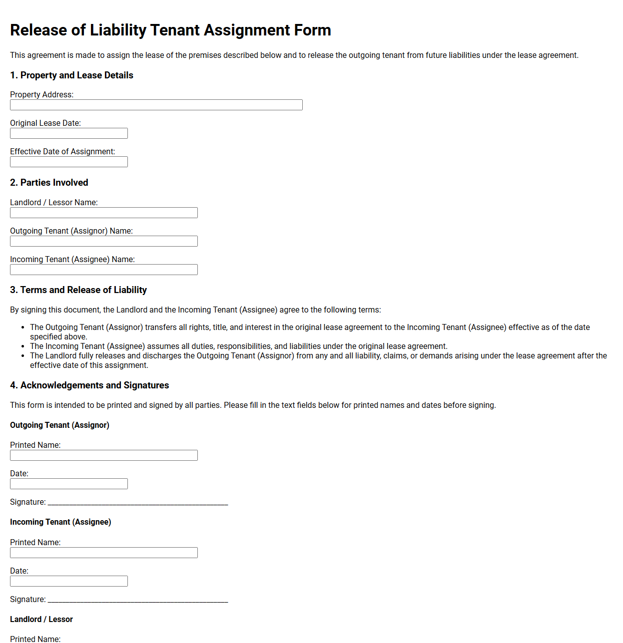Release of Liability Tenant Assignment Form