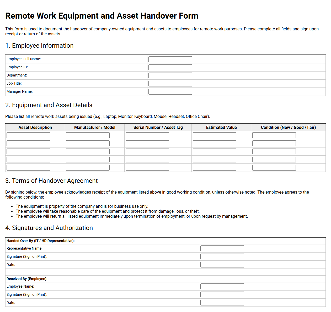 Remote Work Equipment and Asset Handover Form