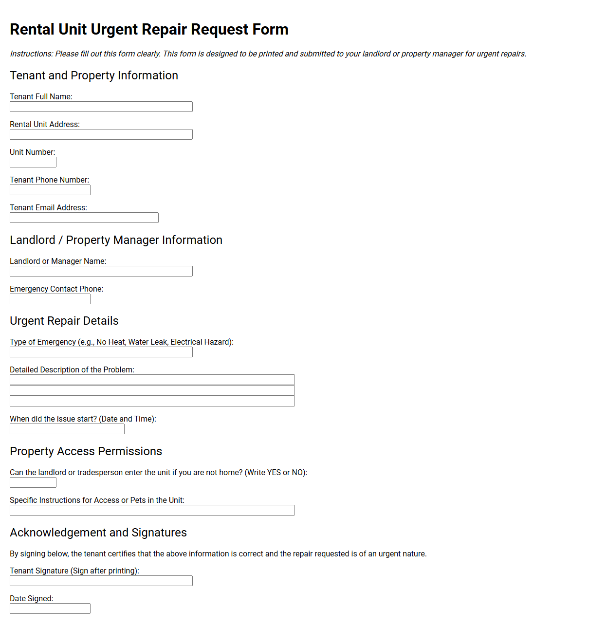 Rental Unit Urgent Repair Request Form