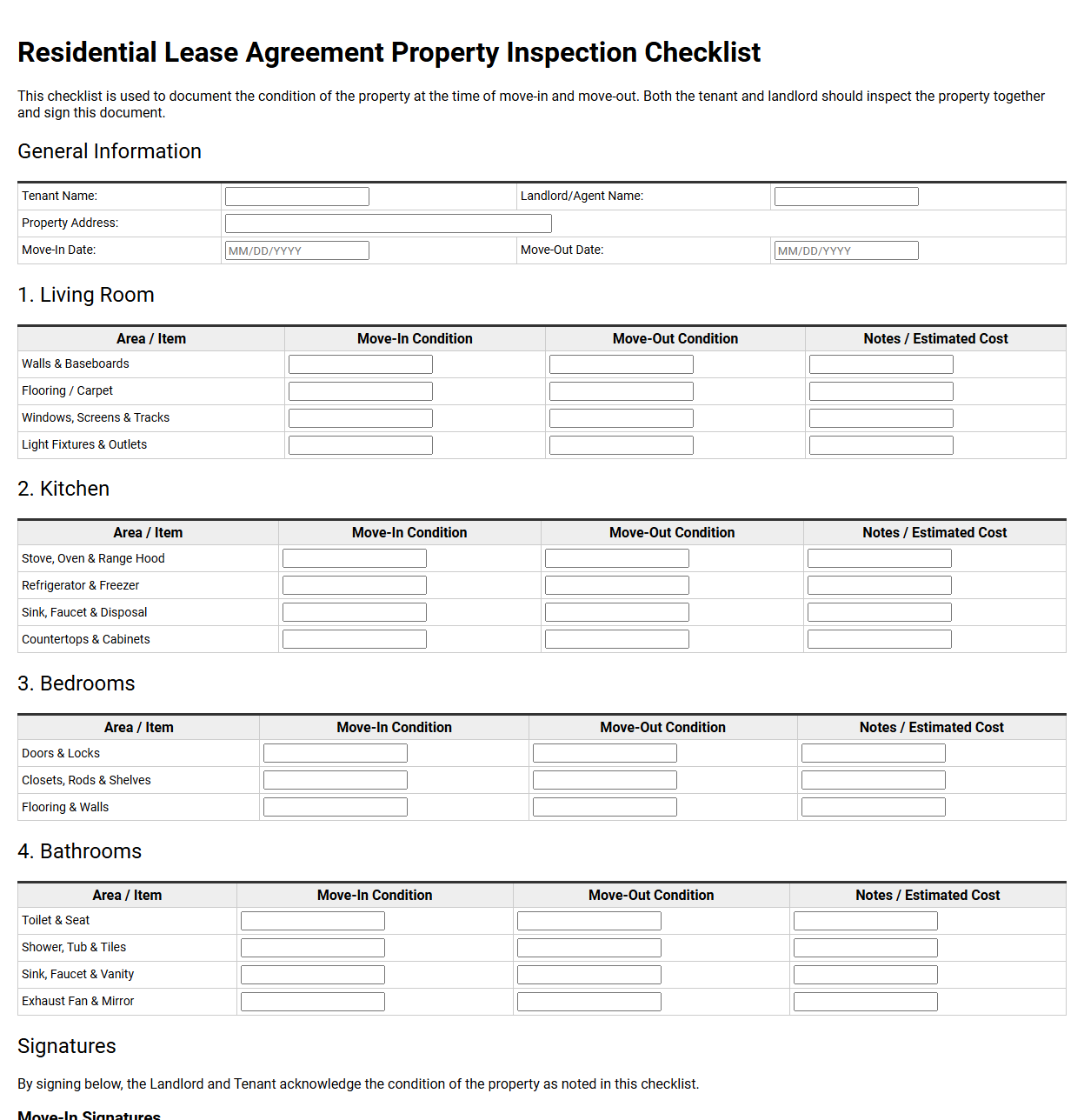 Residential Lease Agreement Property Inspection Checklist