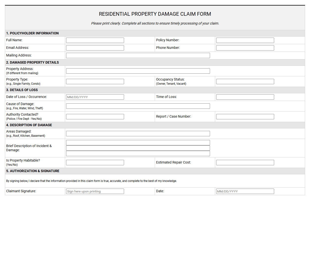 Residential Property Damage Claim Form
