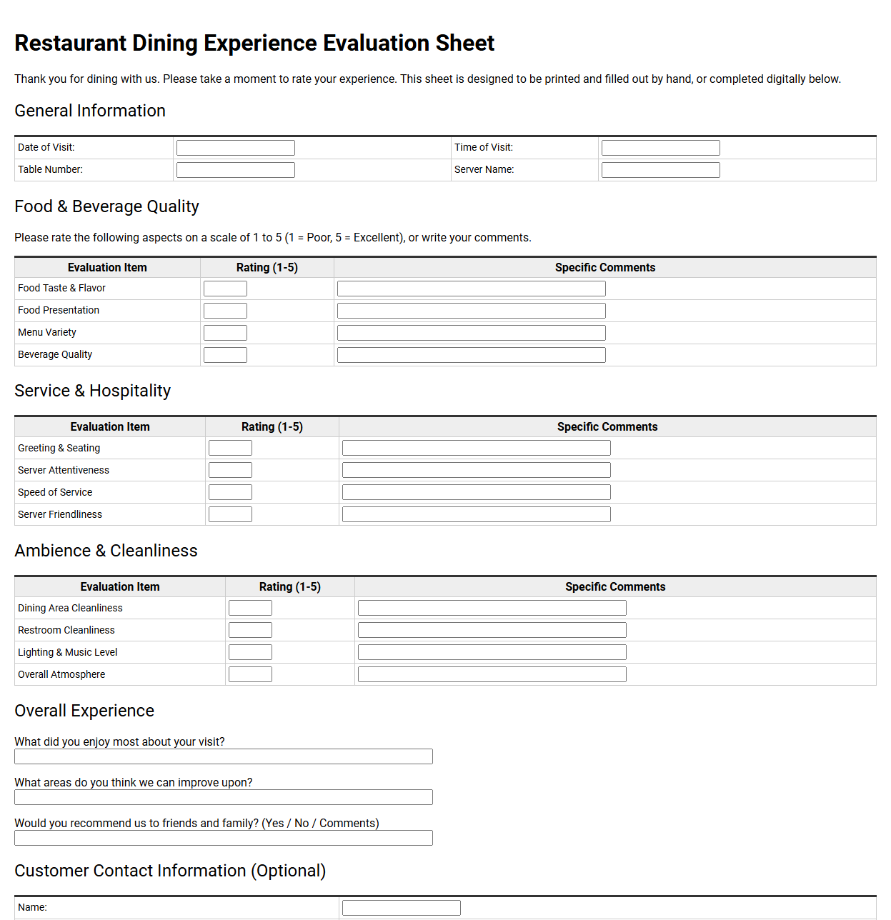 Restaurant Dining Experience Evaluation Sheet