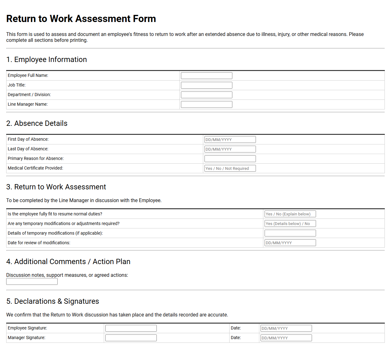 Return to Work Assessment Form