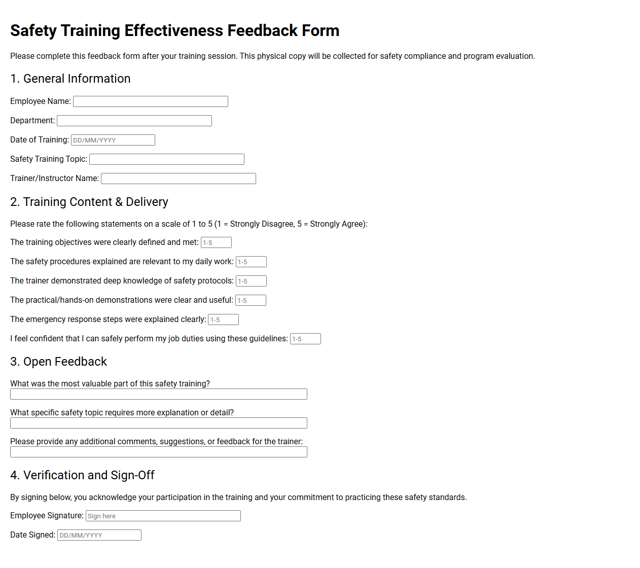 Safety Training Effectiveness Feedback Form