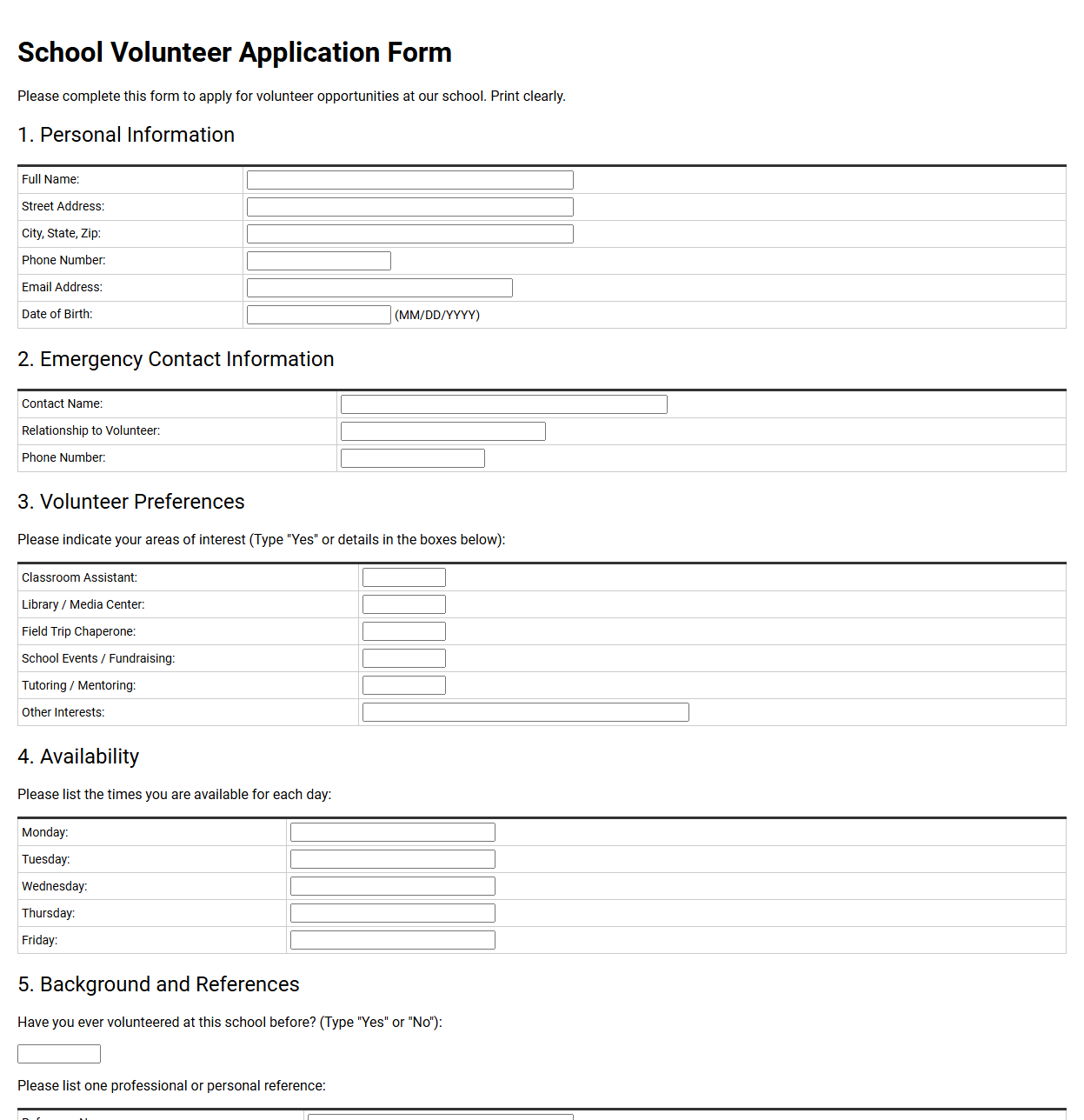 School Volunteer Application Form Template